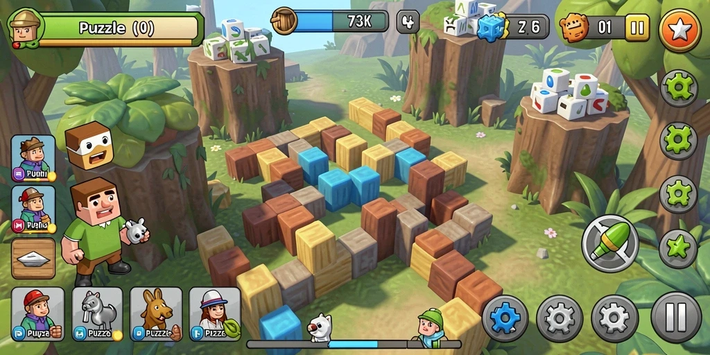 Tampilan gameplay <strong>73K</strong> yang menarik dengan berbagai teka-teki.