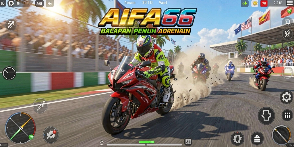 Screenshot gameplay AIFA66 yang menampilkan balapan motor yang seru.