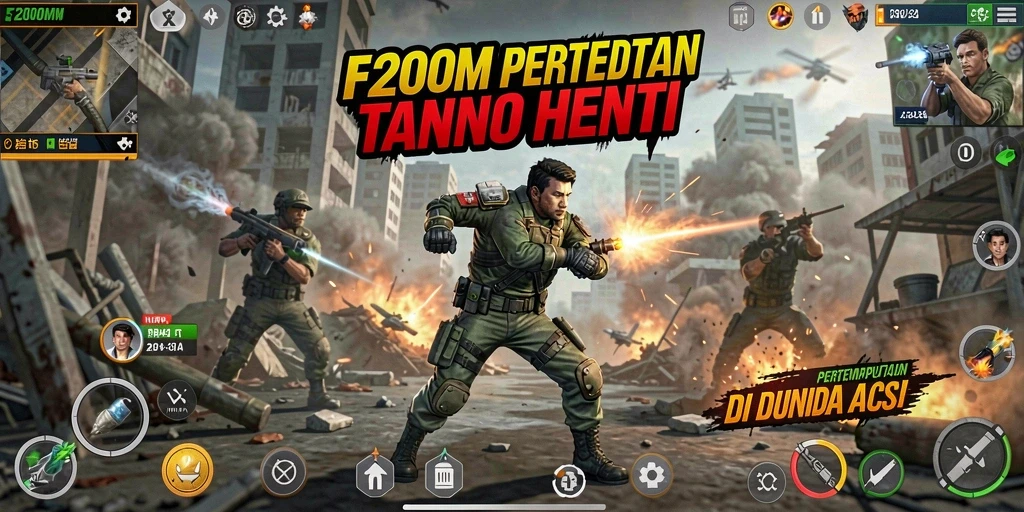 Screenshot menampilkan aksi seru dalam F200M dengan pertarungan epik.