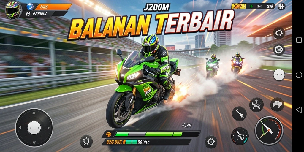 Tampilan gameplay balapan Motor Racing di J200M yang mendebarkan.