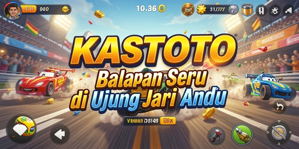 Screenshot gameplay KASTOTO menunjukkan aksi balapan yang mendebarkan.