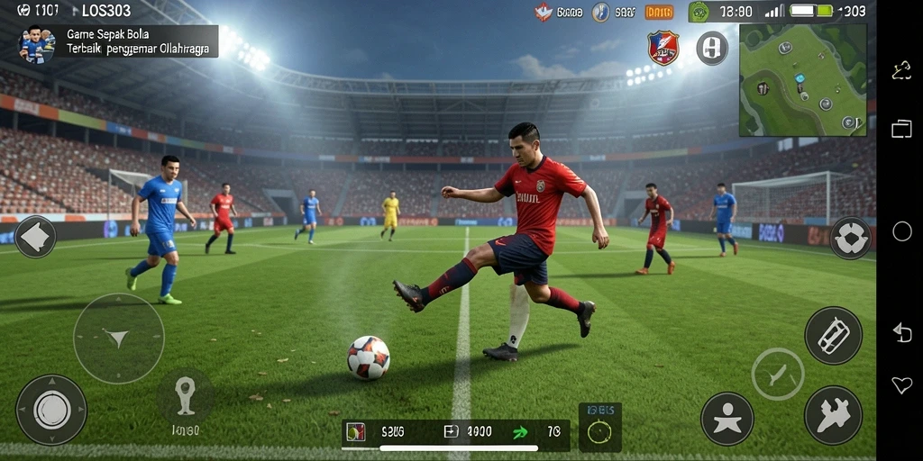 Screenshot LOS303 menunjukkan gameplay sepak bola yang mendebarkan.