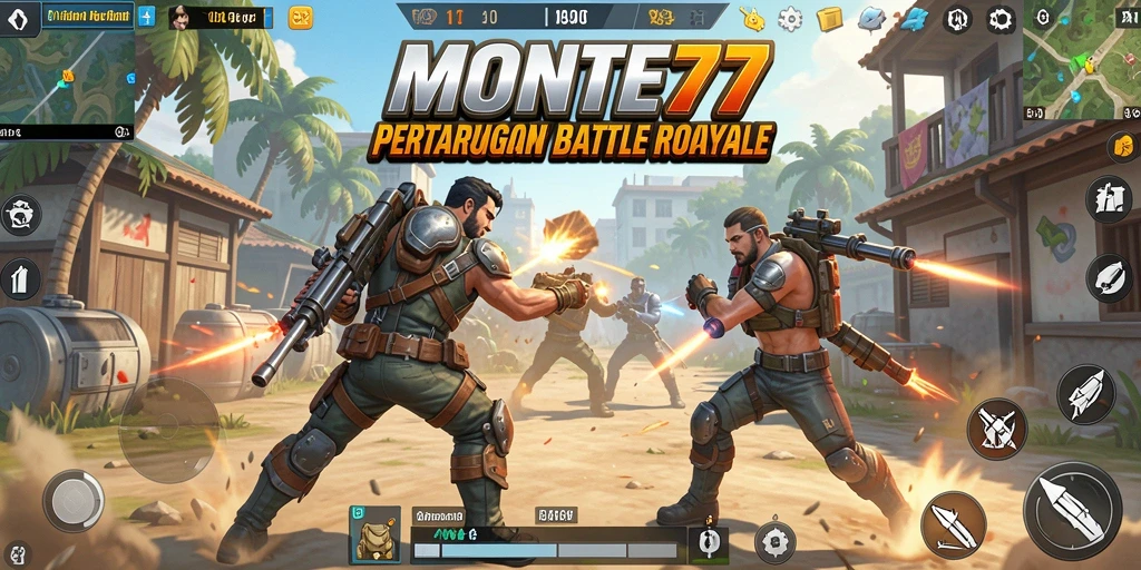 Screenshot utama <strong>MONTE77</strong> menampilkan aksi pertempuran yang mendebarkan dalam Battle Royale.