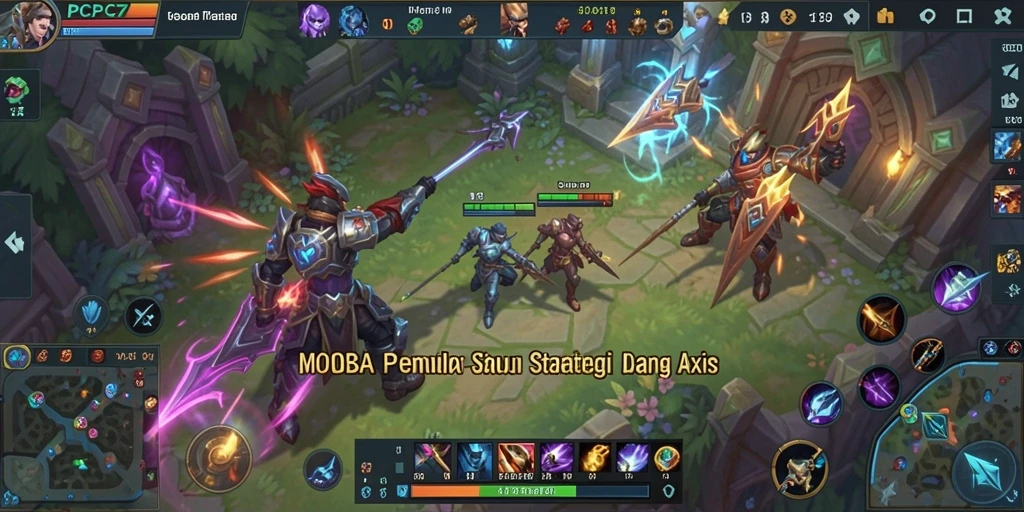 Screenshot gameplay PCPC7 menunjukkan aksi seru di arena MOBA.