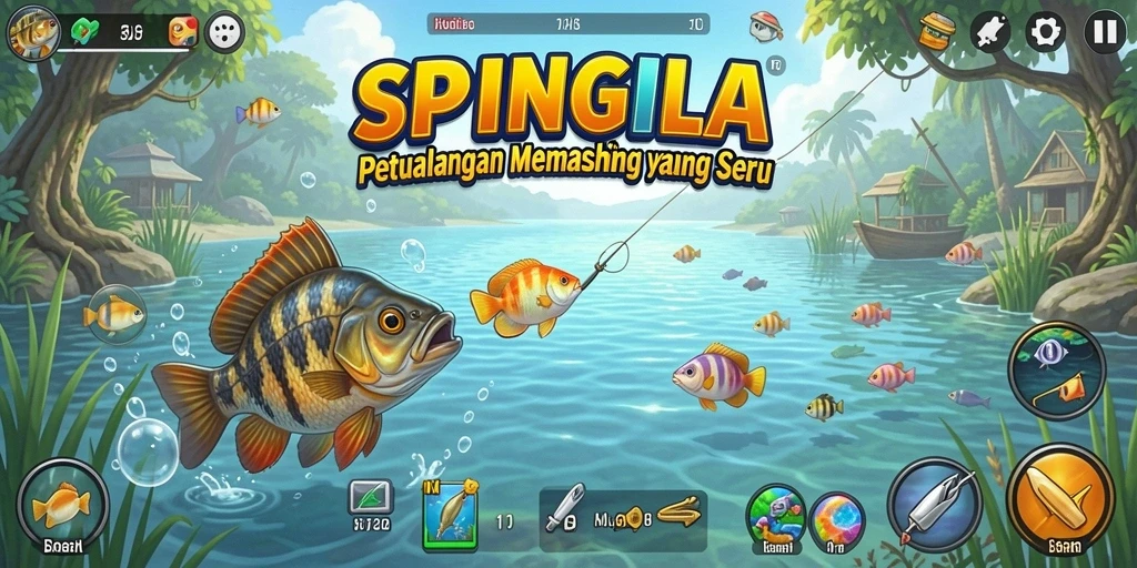 Tampilan gameplay SPINGILA dengan grafik memukau saat memancing.