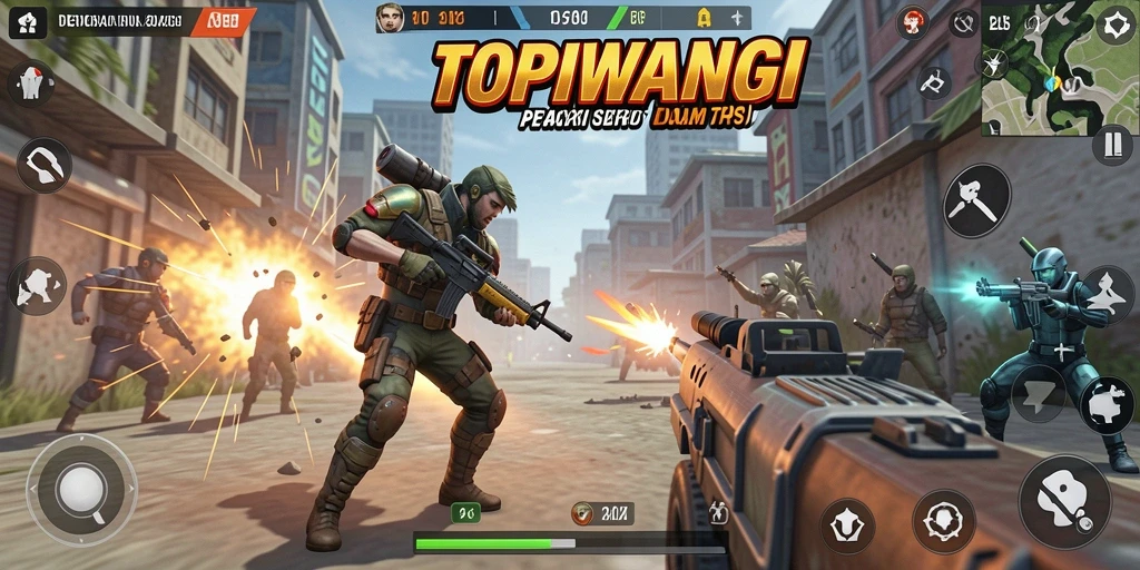 Gameplay seru dari TOPIWANGI dengan aksi tembak-menembak yang intens.