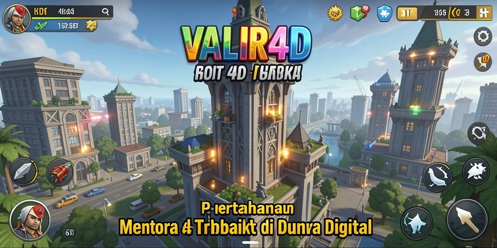 Tampilan screenshot utama VALIR4D menunjukkan aksi menara bertahan melawan gelombang musuh.