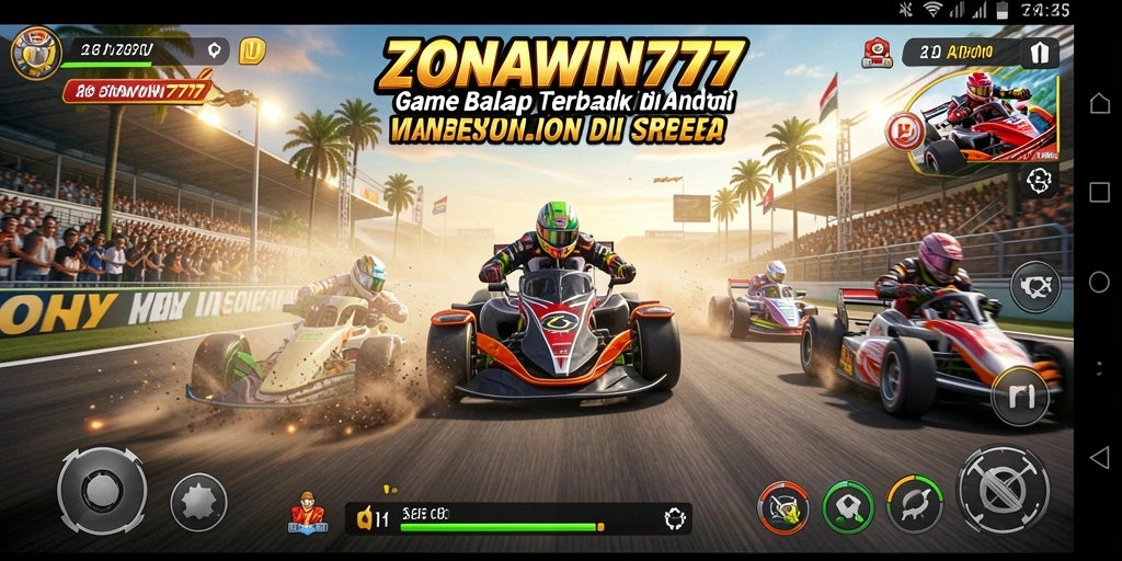 Screenshot gameplay ZONAWIN777 yang menunjukkan balapan seru di lintasan.